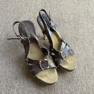Michael Kors Brown Leather Clog Heels Wood Sole Boho Size 8